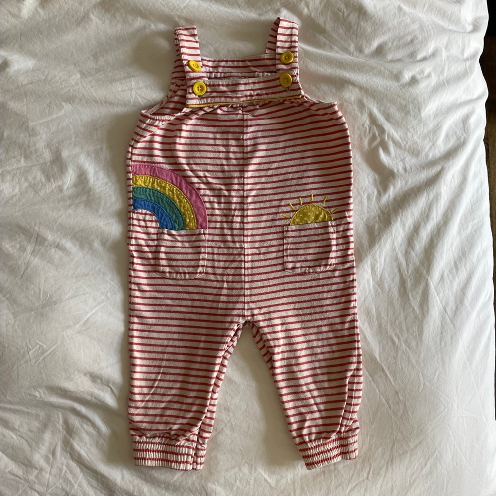 SOLD RARE Baby Boden Red Striped Overalls with Rainbow and Sun 12-18 months